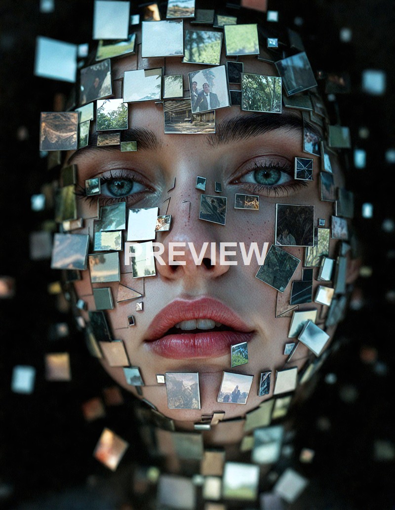 A close-up of a woman's face with striking blue eyes, partially covered and surrounded by numerous small, reflective mirror pieces creating a fragmented, artistic effect.